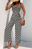 Vacation Geometric Print Pocket Lace Up Strapless Loose Jumpsuits