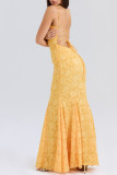 Sexy Solid Color Jacquard Lace Backless Strap Design Square Neck Fishtail Dresses