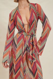 Vacation Striped Print Lace Up Contrast Swimwears Cover Up