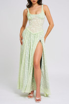 Sexy Jacquard Patchwork Slit U Neck Long Dresses