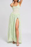 Sexy Jacquard Patchwork Slit U Neck Long Dresses