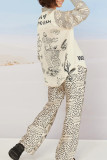 Daily Animal Print Pocket Contrast Turndown Collar Long Sleeve Two Pieces