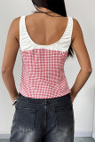 Casual Plaid Lace Up Contrast Square Neck Tops