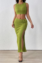 Sexy Solid Color Draw String Slit Texture O Neck Sleeveless Two Pieces