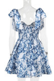 Sexy Floral Print Lace Up Contrast V Neck A Line Dresses