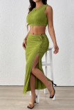 Sexy Solid Color Draw String Slit Texture O Neck Sleeveless Two Pieces