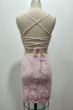 Sexy Solid Color Sequins Backless Strap Design V Neck Wrapped Skirt Dresses
