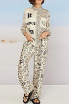Daily Animal Print Pocket Contrast Turndown Collar Long Sleeve Two Pieces