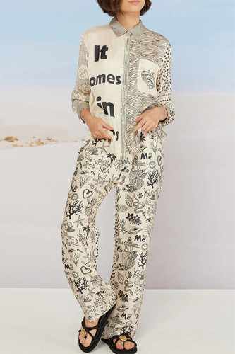 Daily Animal Print Pocket Contrast Turndown Collar Long Sleeve Two Pieces