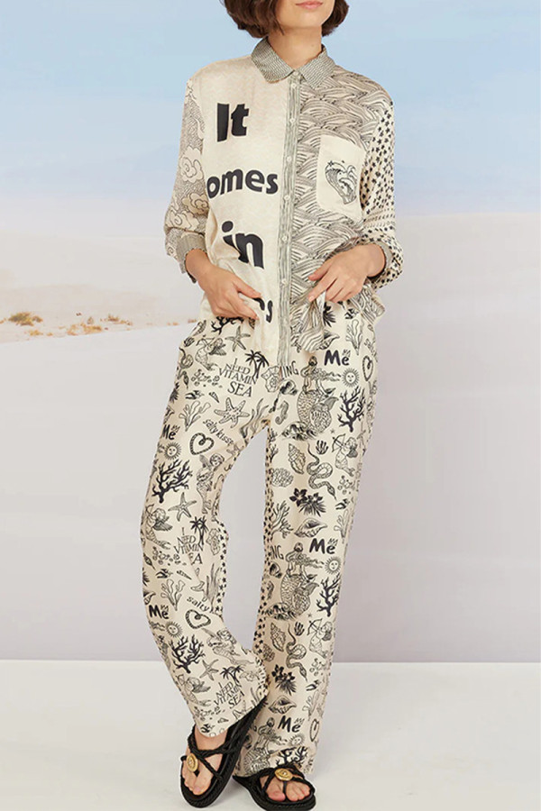 Daily Animal Print Pocket Contrast Turndown Collar Long Sleeve Two Pieces