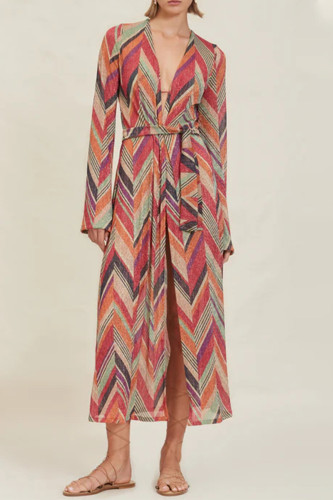 Vacation Striped Print Lace Up Contrast Swimwears Cover Up