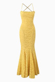 Sexy Solid Color Jacquard Lace Backless Strap Design Square Neck Fishtail Dresses