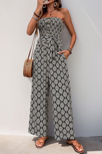 Vacation Geometric Print Pocket Lace Up Strapless Loose Jumpsuits