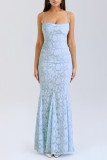Sexy Solid Color Jacquard Lace Backless Strap Design Square Neck Fishtail Dresses