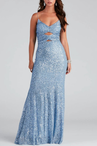 Prom Solid Color Sequins V Neck Evening Dresses