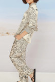 Daily Animal Print Pocket Contrast Turndown Collar Long Sleeve Two Pieces