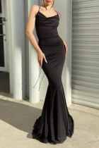 Sexy Solid Color Backless Strap Design V Neck Evening Dresses