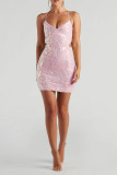 Sexy Solid Color Sequins Backless Strap Design V Neck Wrapped Skirt Dresses