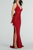 Sexy Solid Color Lace Up Backless Slit Sequined V Neck Evening Dresses