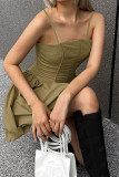 Sexy Solid Color Backless Ruched Square Neck Lantern Skirt Dresses