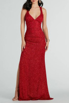 Sexy Solid Color Lace Up Backless Slit Sequined V Neck Evening Dresses
