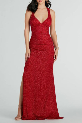 Sexy Solid Color Lace Up Backless Slit Sequined V Neck Evening Dresses