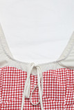 Casual Plaid Lace Up Contrast Square Neck Tops