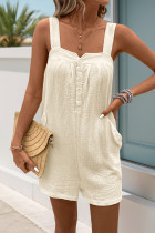 Casual Solid Color Pocket Buttons Square Neck Loose Rompers