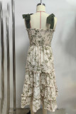 Elegant Floral Print Lace Up Flounce Sling Dresses