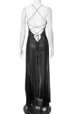 Sexy Solid Color See-Through Strap Design V Neck Irregular Dresses