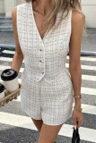 Celebrities Plaid Buttons Patchwork Weave V Neck Sleeveless Two Pieces