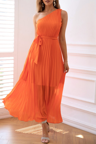 Prom Solid Color Lace Up Pleated Sloping Shoulder Waist Skirt Dresses