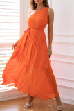 Prom Solid Color Lace Up Pleated Sloping Shoulder Waist Skirt Dresses