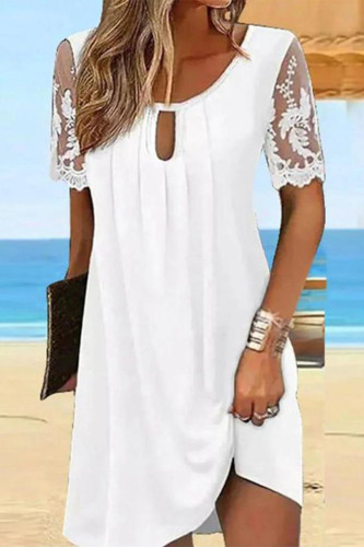 Casual Solid Color Lace Ruched O Neck A Line Short Sleeve Dress