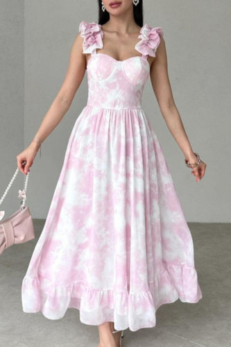 Elegant Floral Print Flounce V Neck Sling Dresses(No belt)