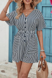 Casual Stripe Pocket Buttons V Neck Loose Rompers