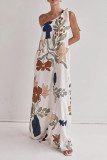 Casual Floral Print Lace Up Sloping Shoulder Long Dresses