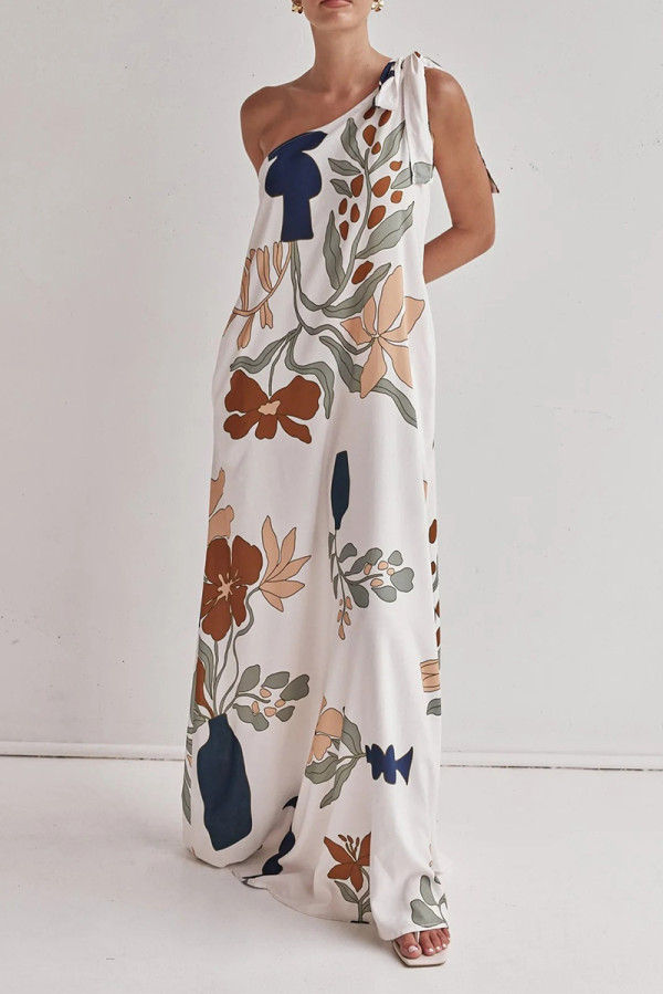 Casual Floral Print Lace Up Sloping Shoulder Long Dresses