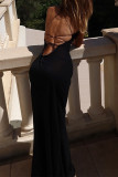 Sexy Solid Color See-Through Strap Design V Neck Irregular Dresses