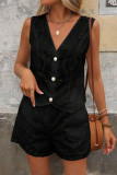 Casual Solid Color Hollow Out Buttons V Neck Sleeveless Two Pieces