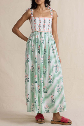 Elegant Floral Print Pocket Lace Up Strap Design Square Neck Sling Dresses