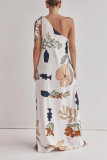 Casual Floral Print Lace Up Sloping Shoulder Long Dresses