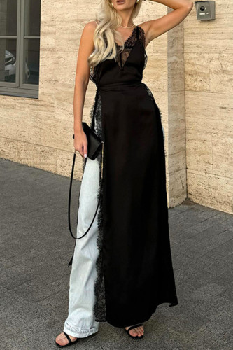 Sexy Solid Color Lace Slit Adjustable V Neck Sling Dresses