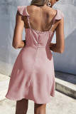 Daily Solid Color Buttons Stringy Selvedge Square Neck A Line Dresses