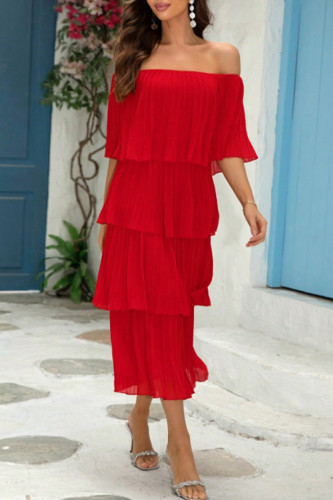 Elegant Solid Color Flounce Off Shoulder Cake Skirt Dresses