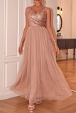 Prom Solid Color Sequins Backless Mesh V Neck Evening Dresses