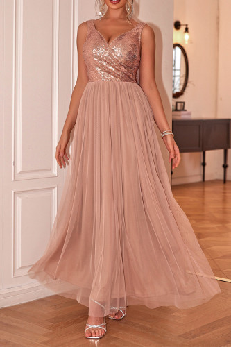 Prom Solid Color Sequins Backless Mesh V Neck Evening Dresses