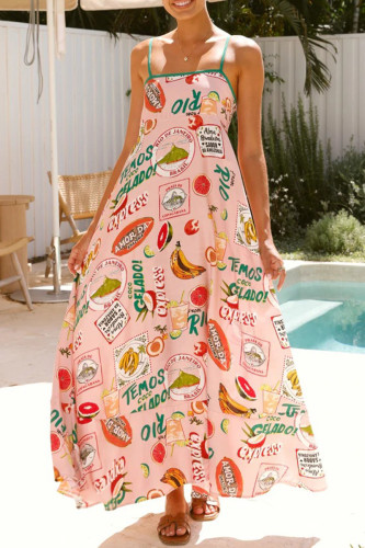 Vacation Fruit Print Letters Contrast Square Neck Sling Dresses