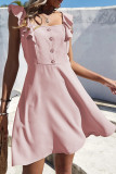 Daily Solid Color Buttons Stringy Selvedge Square Neck A Line Dresses