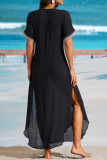 Casual Solid Color Lace Slit V Neck Short Sleeve Short Sleeve Dress